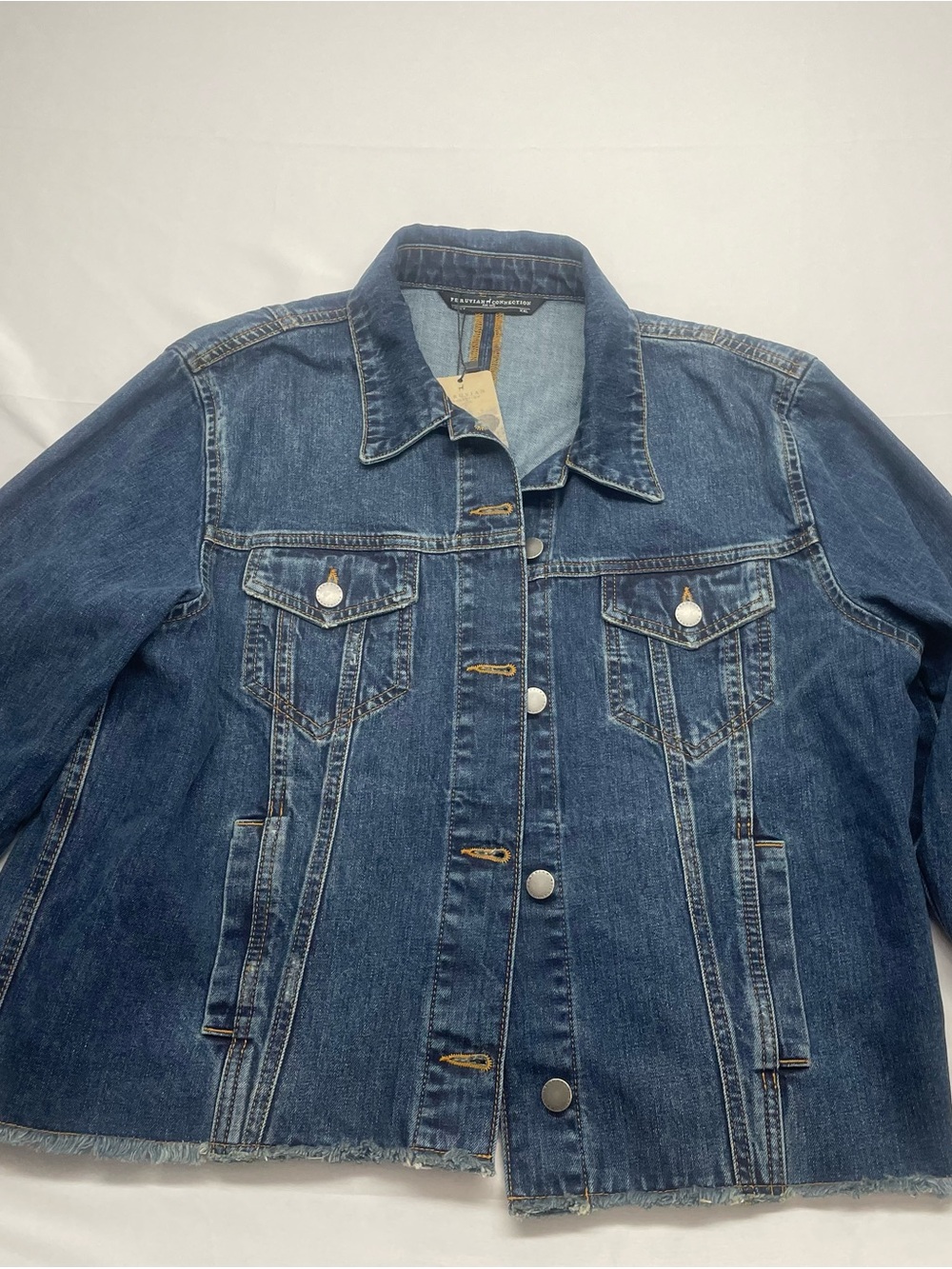NWT Peruvian Connection Casey Denim Jacket XXL Frayed Hem Blue Cotton